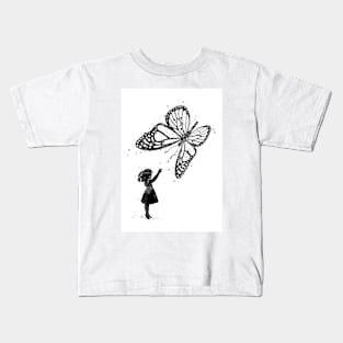 Girl and Butterfly Fantasy Black and White Artwork Kids T-Shirt